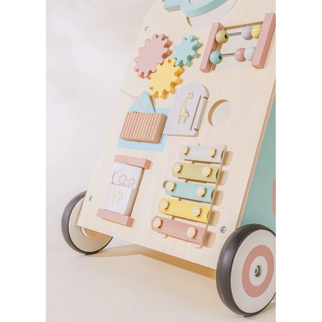 Close up of the front of Cocovillage safari toddlder walker and xylophone, gears and busyboard